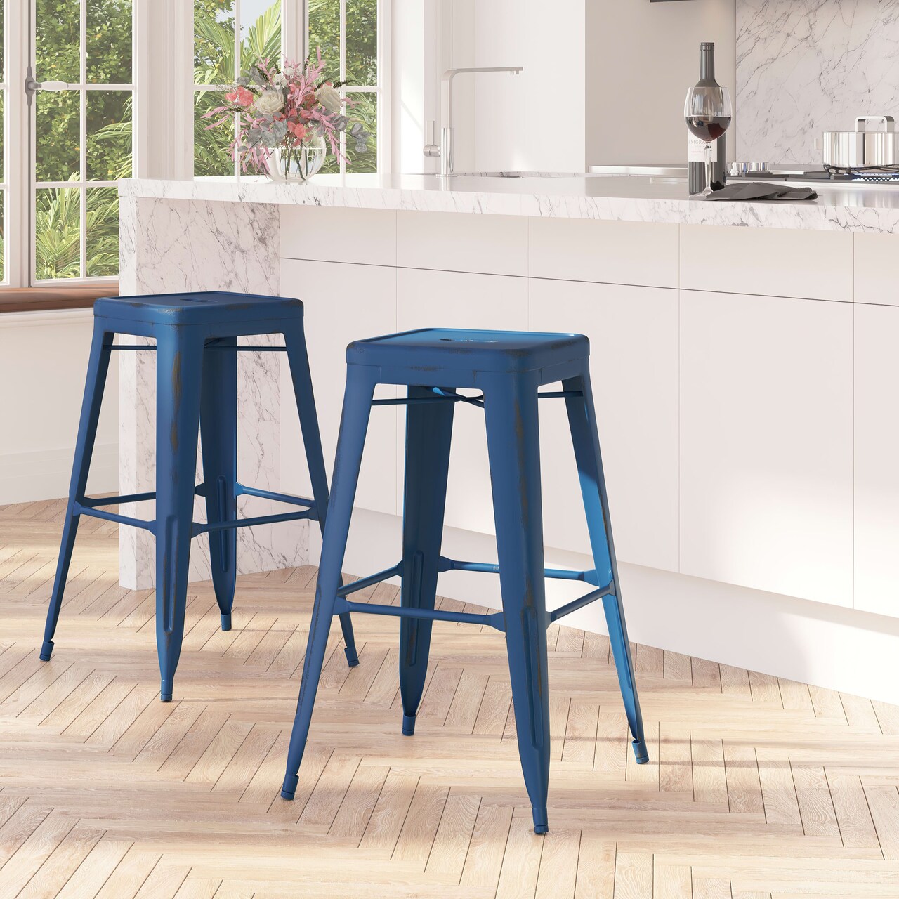 Merrick Lane Elba Series Metal Stool with Powder Coated Finish and Integrated Floor Glides